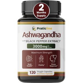 PRATIC LINE Ashwagandha Capsules 3,000 mg - 120 Vegan Cap Made with Organic Ashwagandha Powder and Root Extract. Gluten Free. Made in USA in Saudi Arabia
