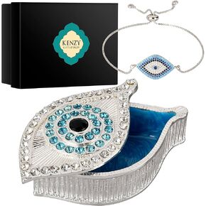 صندوق مجوهرات عين الشر من KENZY GIFTS - صندوق تذكار ذهبي مصنوع يدويًا مع إغلاق مغناطيسي وكريستال - تخزين مزخرف للأساور والقلائد والإكسسوارات - ديكور عين الشر (صندوق فضي مع سوار) in Saudi Arabia
