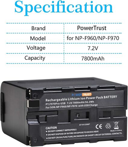 بطارية PowerTrust 1x7800mAh NP-F960 NP-F970 مع مؤشر الطاقة LED لبطارية سوني NP-F550 NP-F770 NP-F750 F960 F970 F950 in Saudi Arabia