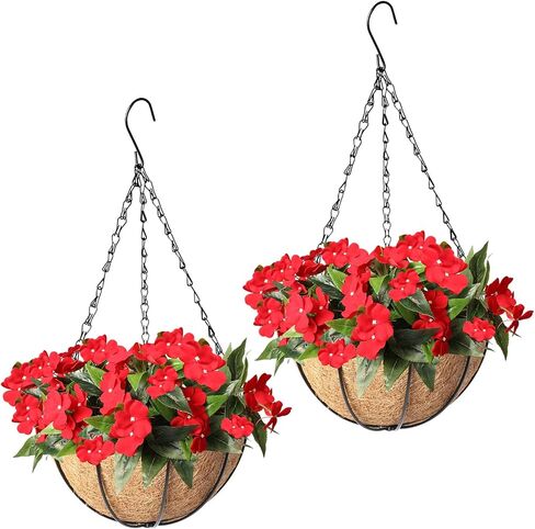 سلال معلقة صناعية مع زهور، 2 عبوة من الزهور الصناعية المعلقة في سلة للأماكن الخارجية والداخلية، ديكور نباتي معلق in Kuwait