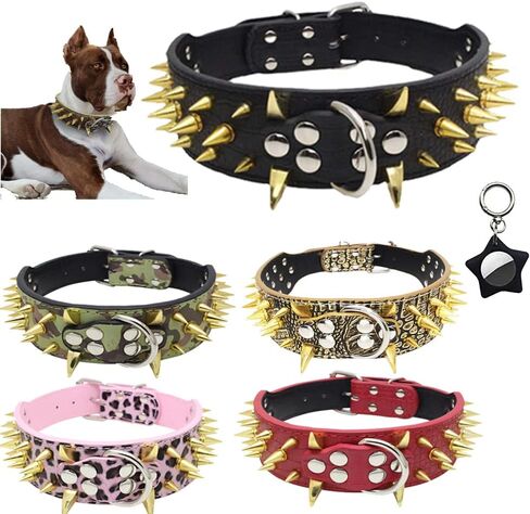 Sharp Spiked Dog Collar 2" Wide Leather Gold Rivet Studded with Airtag Case Durable Adjustable for Medium Breed Girl Boy Puppy Pet Pit Bull Bulldog Pugs Husky Rottweiler Black Large in Kuwait