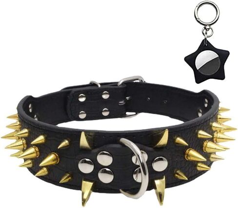 Sharp Spiked Dog Collar 2" Wide Leather Gold Rivet Studded with Airtag Case Durable Adjustable for Medium Breed Girl Boy Puppy Pet Pit Bull Bulldog Pugs Husky Rottweiler Black Large in Kuwait