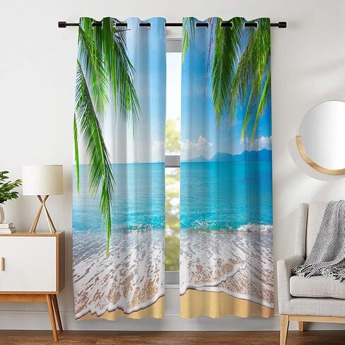 Mimihome Beach Curtains, Tropical Palm Ocean Blackout Curtains 63 inch Length 2 Panels for Bedroom Living Room Nursery, 52 x 63, Green Blue in Kuwait