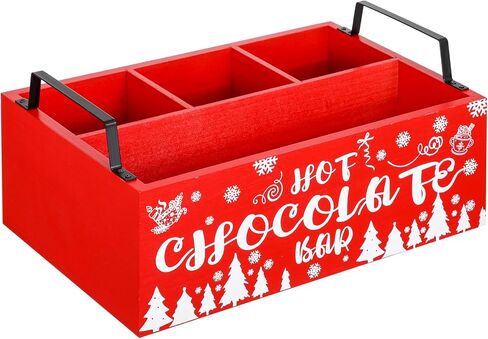 Sliner Christmas Hot Cocoa Bar Wood Storage Box with Handles Red Xmas Wood Serving Tray Winter Rustic Organizer Snowflake Container Bins for Home Kitchen Office Farmhouse Accessories in Kuwait