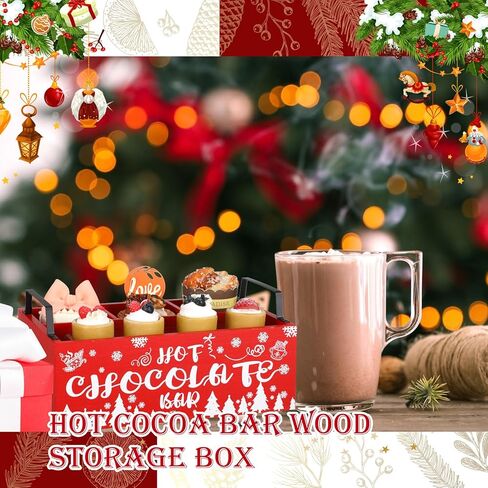 Sliner Christmas Hot Cocoa Bar Wood Storage Box with Handles Red Xmas Wood Serving Tray Winter Rustic Organizer Snowflake Container Bins for Home Kitchen Office Farmhouse Accessories in Kuwait