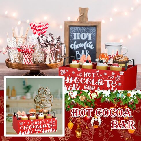 Sliner Christmas Hot Cocoa Bar Wood Storage Box with Handles Red Xmas Wood Serving Tray Winter Rustic Organizer Snowflake Container Bins for Home Kitchen Office Farmhouse Accessories in Kuwait