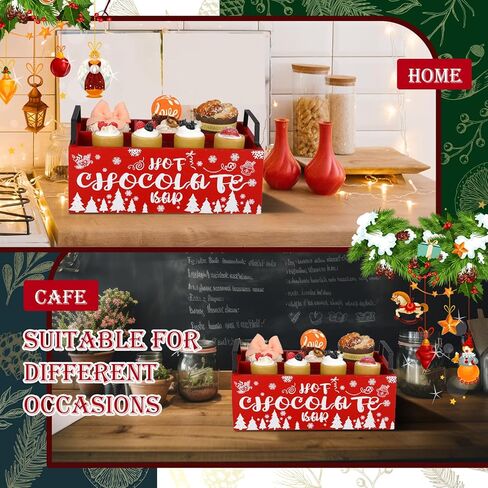 Sliner Christmas Hot Cocoa Bar Wood Storage Box with Handles Red Xmas Wood Serving Tray Winter Rustic Organizer Snowflake Container Bins for Home Kitchen Office Farmhouse Accessories in Kuwait