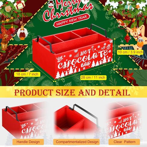 Sliner Christmas Hot Cocoa Bar Wood Storage Box with Handles Red Xmas Wood Serving Tray Winter Rustic Organizer Snowflake Container Bins for Home Kitchen Office Farmhouse Accessories in Kuwait