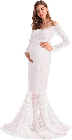 MYRISAM النساء الحوامل الدانتيل حورية البحر سليم صالح ماكسي ثوب الأمومة طويلة الأكمام الخامس الرقبة الزفاف التصوير استحمام الطفل فستان in Saudi Arabia