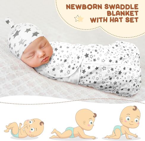 Silicherry 3 Pack Newborn Transitional Swaddle Hat Set Baby Zip Swaddle Blanket Wrap for Baby Boy Diaper Change Sleep Girl in Saudi Arabia