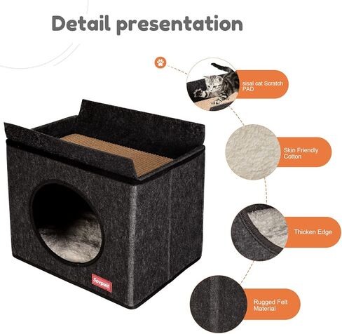 Heated cat House with Multi-Functio Heating Pet Pad,Heated Cat Bed with Wool Felt Shell Box and Sisal Cat Scratch Mats,Soft Washable Fleece Cover -15L*11W*14H inch Black Grey in Kuwait