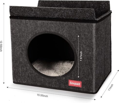 Heated cat House with Multi-Functio Heating Pet Pad,Heated Cat Bed with Wool Felt Shell Box and Sisal Cat Scratch Mats,Soft Washable Fleece Cover -15L*11W*14H inch Black Grey in Kuwait