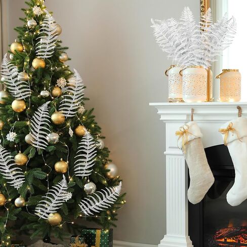 Xinnun عيد الميلاد بريق يترك الاصطناعي ورقة الاستوائية شجرة عيد الميلاد بخاخ بريق ورقة جارلاند وامض عيد الميلاد يختار DIY باقة الجذعية فروع الزهور لحفل زفاف عيد الميلاد إكليل (أبيض، 12 جهاز كمبيوتر شخصى) in Kuwait