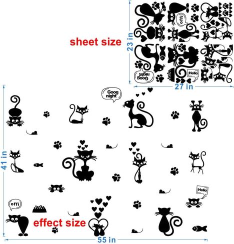 انفرجي ملصق حائط من بلاستيك PVC قابل للازالة - ملصق مفتاح اضاءة قطة جميل مع لوحة جدارية على شكل حيوان كرتوني - تأثير 41 انش × 55 انش - ديكور منزلي لطيف وممتع للاطفال ومحبي القطط (اسود-JWH210-Cat) in Kuwait