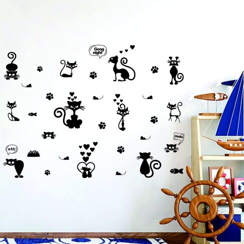 انفرجي ملصق حائط من بلاستيك PVC قابل للازالة - ملصق مفتاح اضاءة قطة جميل مع لوحة جدارية على شكل حيوان كرتوني - تأثير 41 انش × 55 انش - ديكور منزلي لطيف وممتع للاطفال ومحبي القطط (اسود-JWH210-Cat) in Kuwait
