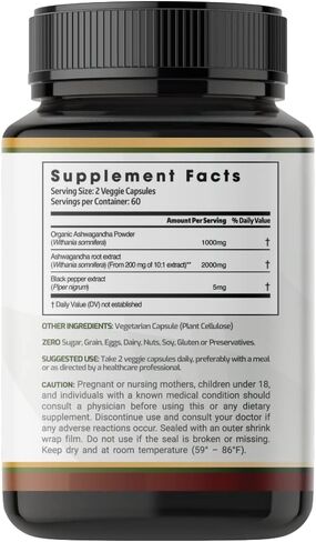 Organic Ashwagandha 1,950 mg - 120 Vegan Caps. Made with Organic Ashwagandha Powder and Root Extract and Black Pepper 4:1, Gluten Free, Non-GMO Supplement, Supports Mood, Made in USA. in Saudi Arabia