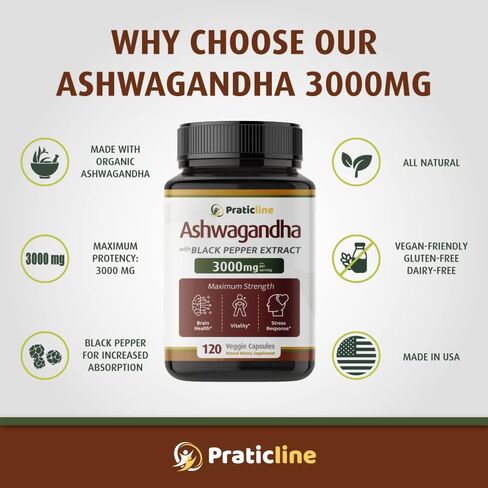 Organic Ashwagandha 1,950 mg - 120 Vegan Caps. Made with Organic Ashwagandha Powder and Root Extract and Black Pepper 4:1, Gluten Free, Non-GMO Supplement, Supports Mood, Made in USA. in Saudi Arabia