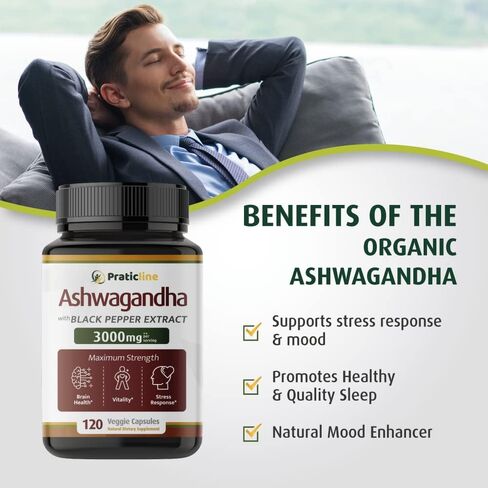 Organic Ashwagandha 1,950 mg - 120 Vegan Caps. Made with Organic Ashwagandha Powder and Root Extract and Black Pepper 4:1, Gluten Free, Non-GMO Supplement, Supports Mood, Made in USA. in Saudi Arabia