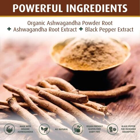 Organic Ashwagandha 1,950 mg - 120 Vegan Caps. Made with Organic Ashwagandha Powder and Root Extract and Black Pepper 4:1, Gluten Free, Non-GMO Supplement, Supports Mood, Made in USA. in Saudi Arabia