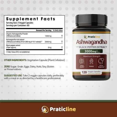 Organic Ashwagandha 1,950 mg - 120 Vegan Caps. Made with Organic Ashwagandha Powder and Root Extract and Black Pepper 4:1, Gluten Free, Non-GMO Supplement, Supports Mood, Made in USA. in Saudi Arabia