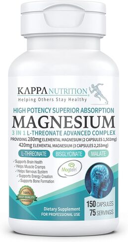 (150 Capsules), 2,253mg Per Serving, Providing 420mg Elemental Magnesium, L-Threonate, Bisglycinate Chelate, Malate, for Brain, Sleep, Stress, Cramps, Headaches, Energy, Heart from Kappa Nutrition. in Kuwait