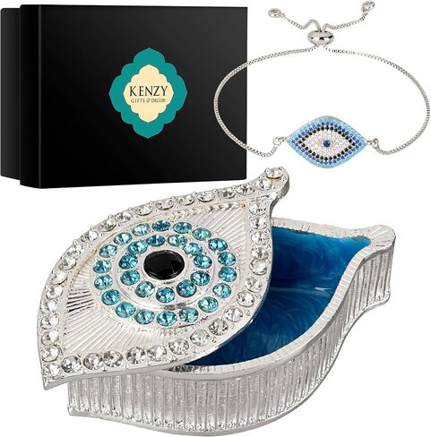 صندوق مجوهرات عين الشر من KENZY GIFTS - صندوق تذكار ذهبي مصنوع يدويًا مع إغلاق مغناطيسي وكريستال - تخزين مزخرف للأساور والقلائد والإكسسوارات - ديكور عين الشر (صندوق فضي مع سوار) in Saudi Arabia