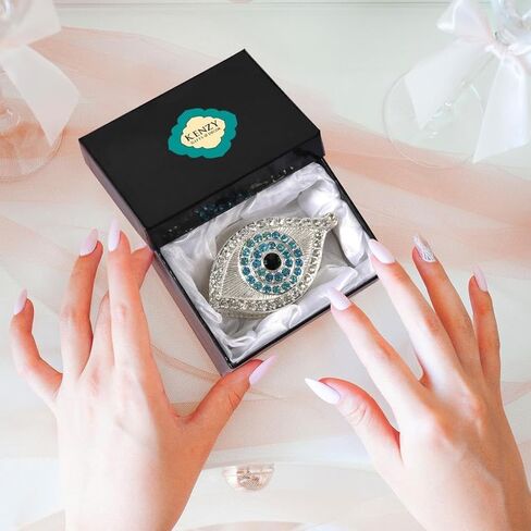 صندوق مجوهرات عين الشر من KENZY GIFTS - صندوق تذكار ذهبي مصنوع يدويًا مع إغلاق مغناطيسي وكريستال - تخزين مزخرف للأساور والقلائد والإكسسوارات - ديكور عين الشر (صندوق فضي مع سوار) in Saudi Arabia