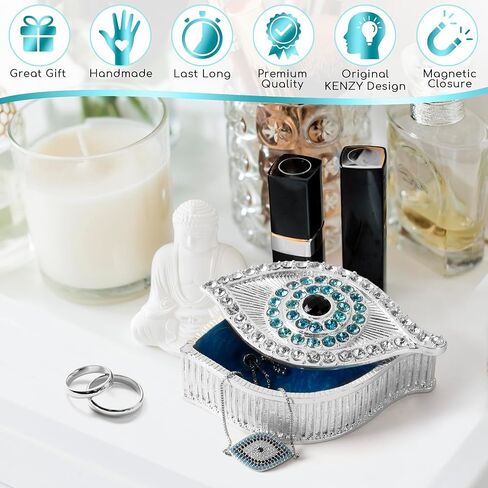 صندوق مجوهرات عين الشر من KENZY GIFTS - صندوق تذكار ذهبي مصنوع يدويًا مع إغلاق مغناطيسي وكريستال - تخزين مزخرف للأساور والقلائد والإكسسوارات - ديكور عين الشر (صندوق فضي مع سوار) in Saudi Arabia