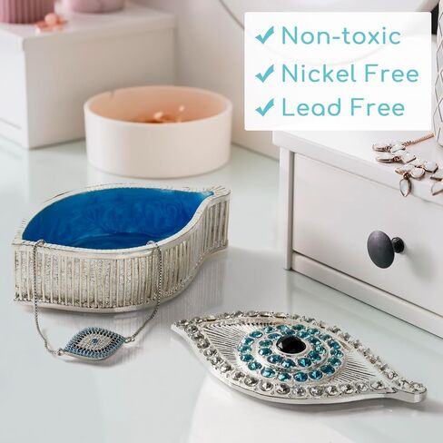 صندوق مجوهرات عين الشر من KENZY GIFTS - صندوق تذكار ذهبي مصنوع يدويًا مع إغلاق مغناطيسي وكريستال - تخزين مزخرف للأساور والقلائد والإكسسوارات - ديكور عين الشر (صندوق فضي مع سوار) in Saudi Arabia