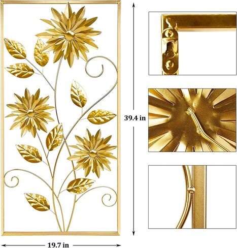 منحوتات حائط ذهبية من Meekear، ديكور حائط معدني مستطيل ذهبي مقاس 99 سم ​​مع إطار، منحوتة فنية جدارية على شكل زهرة معدنية ذهبية لغرفة المعيشة وغرفة النوم والمكتب والدراسة، كبيرة (ذهبية - عبوة واحدة) in Kuwait