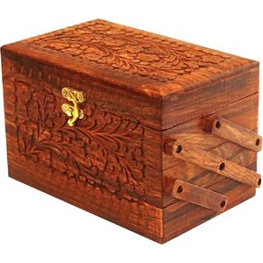 SKEZ handcrafted Wooden Jewelry Box | 3 Tier Real Natural Wood Jewelry Box With Beautiful Soft Red Velvet Lining | Rustic Farmhouse Style Jewelry Box in Saudi Arabia