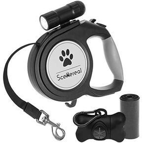 Heavy Duty Retractable Dog Leash 26 FT with LED Flash Light & Poop Bag Dispenser for up to 110 LB Small Medium Large Dogs Outdoor Walking & Training