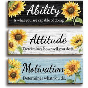 3 قطع عباد الشمس الحديثة الأزهار مكتب ديكور الحائط الخشبي، مقولة ملهمة مع اقتباسات تحفيزية للقدرة على الموقف، علامة خشبية معلقة لوحات جدارية تحفيزية للنساء والبنات في سن المراهقة غرفة المعيشة in Kuwait