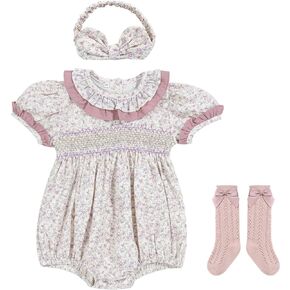 BABY HANNAH STORE مجموعة ملابس الخريف للفتيات حديثي الولادة: بدلة رومبير قطنية + عصابة رأس + جوارب - 3 قطع ملابس للفتيات الرضع in Kuwait