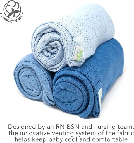 مجموعة بطانية قماط الأطفال من القطن العضوي من Woombie - بطانيات استقبال خفيفة الوزن ومتعددة الاستخدام - مجموعة من 3 قماط ذات فتحات تهوية مقاس 44 × 44 بوصة - أزرق مخضر، كريمي، برتقالي in Kuwait