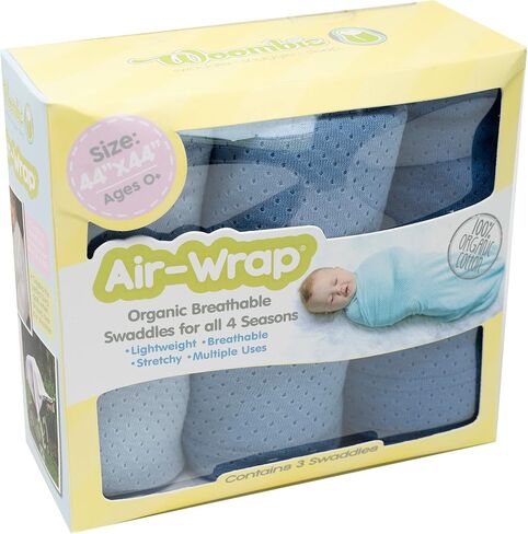 مجموعة بطانية قماط الأطفال من القطن العضوي من Woombie - بطانيات استقبال خفيفة الوزن ومتعددة الاستخدام - مجموعة من 3 قماط ذات فتحات تهوية مقاس 44 × 44 بوصة - أزرق مخضر، كريمي، برتقالي in Kuwait