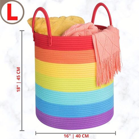 مينتوود ديزاين سلة كبيرة من الحبال القطنية المنسوجة المزخرفة مقاس 18 × 16 انش، سلة غسيل طويلة، سلة بطانية لغرفة المعيشة، سلال تخزين للالعاب والمناشف والغطاء والوسادة، قوس قزح in Kuwait