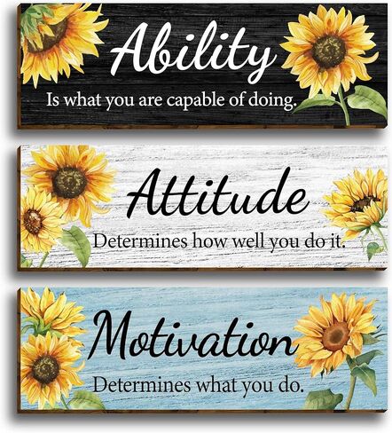 3 قطع عباد الشمس الحديثة الأزهار مكتب ديكور الحائط الخشبي، مقولة ملهمة مع اقتباسات تحفيزية للقدرة على الموقف، علامة خشبية معلقة لوحات جدارية تحفيزية للنساء والبنات في سن المراهقة غرفة المعيشة in Kuwait