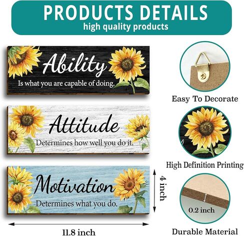 3 قطع عباد الشمس الحديثة الأزهار مكتب ديكور الحائط الخشبي، مقولة ملهمة مع اقتباسات تحفيزية للقدرة على الموقف، علامة خشبية معلقة لوحات جدارية تحفيزية للنساء والبنات في سن المراهقة غرفة المعيشة in Kuwait