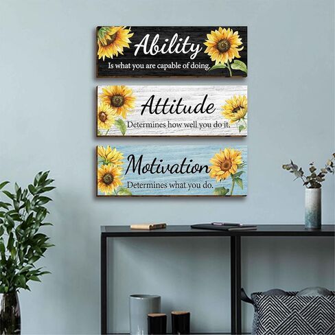 3 قطع عباد الشمس الحديثة الأزهار مكتب ديكور الحائط الخشبي، مقولة ملهمة مع اقتباسات تحفيزية للقدرة على الموقف، علامة خشبية معلقة لوحات جدارية تحفيزية للنساء والبنات في سن المراهقة غرفة المعيشة in Kuwait