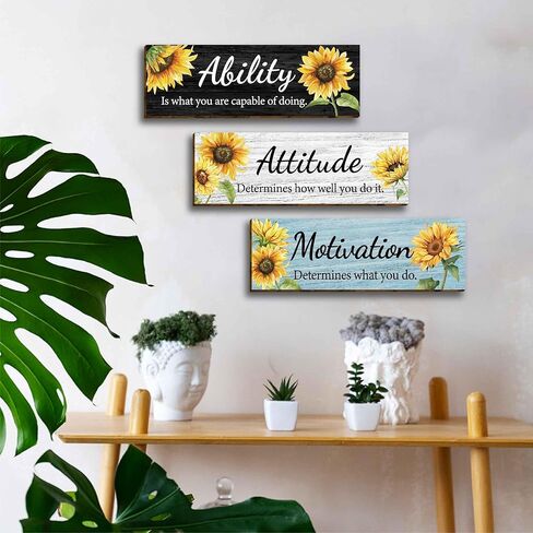 3 قطع عباد الشمس الحديثة الأزهار مكتب ديكور الحائط الخشبي، مقولة ملهمة مع اقتباسات تحفيزية للقدرة على الموقف، علامة خشبية معلقة لوحات جدارية تحفيزية للنساء والبنات في سن المراهقة غرفة المعيشة in Kuwait