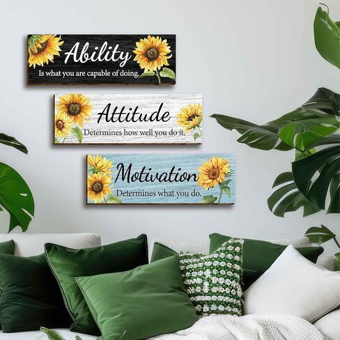 3 قطع عباد الشمس الحديثة الأزهار مكتب ديكور الحائط الخشبي، مقولة ملهمة مع اقتباسات تحفيزية للقدرة على الموقف، علامة خشبية معلقة لوحات جدارية تحفيزية للنساء والبنات في سن المراهقة غرفة المعيشة in Kuwait