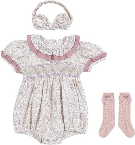 BABY HANNAH STORE مجموعة ملابس الخريف للفتيات حديثي الولادة: بدلة رومبير قطنية + عصابة رأس + جوارب - 3 قطع ملابس للفتيات الرضع in Kuwait