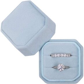 BLUTETE صندوق خاتم مثمن مربع مكون من فتحتين مجموعة خاتم خطوبة الزفاف صندوق تذكار صندوق هدايا صور الزفاف (مسحوق أزرق) in Kuwait