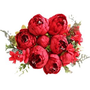 10 Heads Peonies Artificial Flowers, 17-1/2" Long Vintage Silk Fake Peony Bouquet for Home Garden Decoration Office Verandah Wedding Decorations (red) in Kuwait