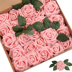 Artificial Flowers Roses 50pcs Champagne Roses Wedding Decoration Real Looking Fake Roses w/Stem for DIY Wedding Bouquets Centerpieces Arrangement Party Baby Shower Home Decoration (Champagne, 50 pcs)