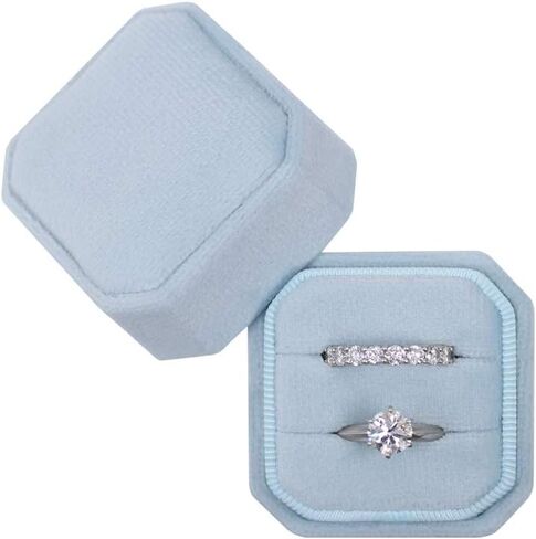 BLUTETE صندوق خاتم مثمن مربع مكون من فتحتين مجموعة خاتم خطوبة الزفاف صندوق تذكار صندوق هدايا صور الزفاف (مسحوق أزرق) in Kuwait