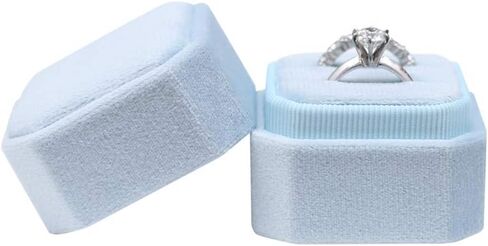 BLUTETE صندوق خاتم مثمن مربع مكون من فتحتين مجموعة خاتم خطوبة الزفاف صندوق تذكار صندوق هدايا صور الزفاف (مسحوق أزرق) in Kuwait