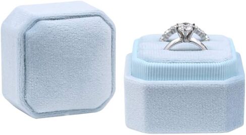 BLUTETE صندوق خاتم مثمن مربع مكون من فتحتين مجموعة خاتم خطوبة الزفاف صندوق تذكار صندوق هدايا صور الزفاف (مسحوق أزرق) in Kuwait