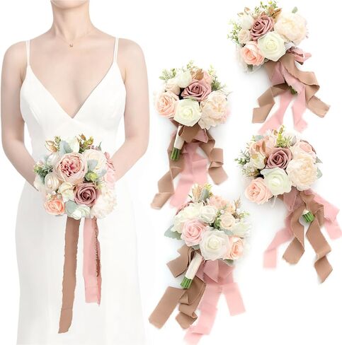 Ling's Moment Artificial Flowers Pink Bridesmaid Bouquet Set of 4, Dusty Rose Wedding Flowers Bouquets for Bridesmaids, 7 Inch Bridal Bouquets for Bridesmaids, Wedding, Ceremony, Anniversary, etc in Saudi Arabia